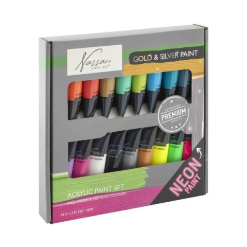 Set 18 culori acrilice neon Nassau 18x36 ml