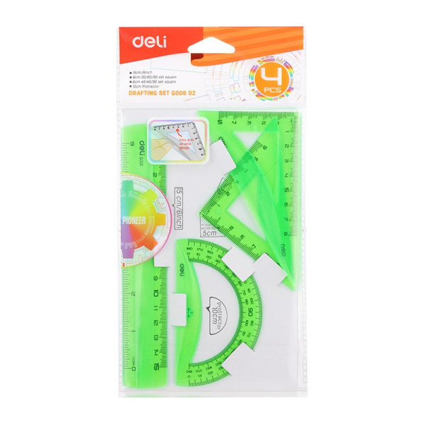 Set Geometrie 4 Piese Color (Rig.15, Ech.6 si 5, Rap.10 cm) Deli