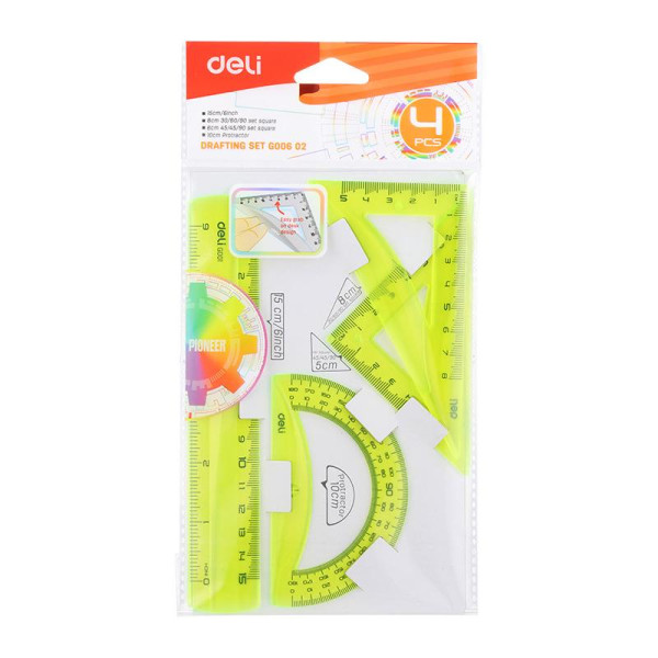 Set Geometrie 4 Piese Color (Rig.15, Ech.6 si 5, Rap.10 cm) Deli