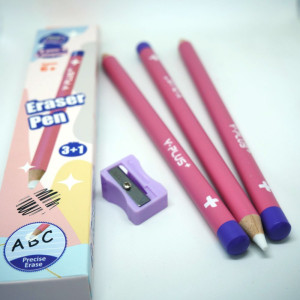 Set 3 Buc Radieră Tip Creion Roz + Ascuțitoare – Y-Plus