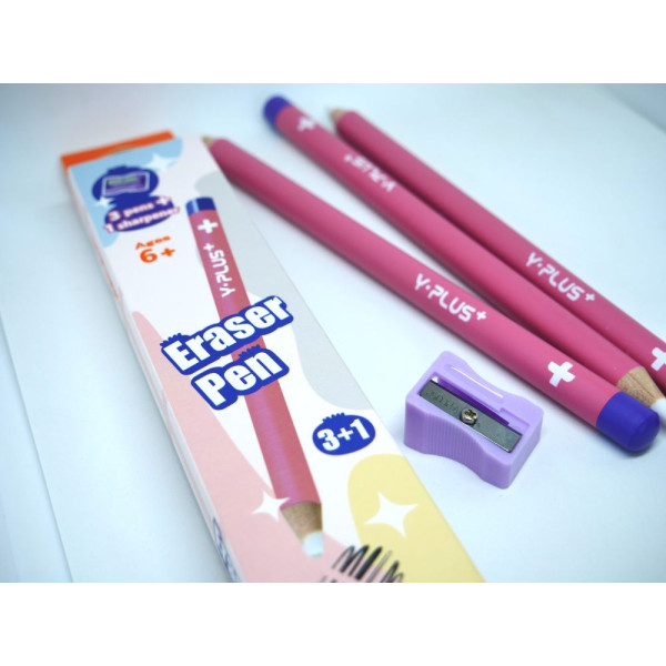 Set 3 Buc Radieră Tip Creion Roz + Ascuțitoare – Y-Plus