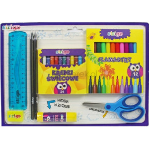 Kit scolar 8 piese compus din cutie carioci 12 culori, rigla flexibila 15cm, guma de sters neon, lipici solid 9g, foarfeca, doua creioane HB, cutie creioane cerate 24 culori