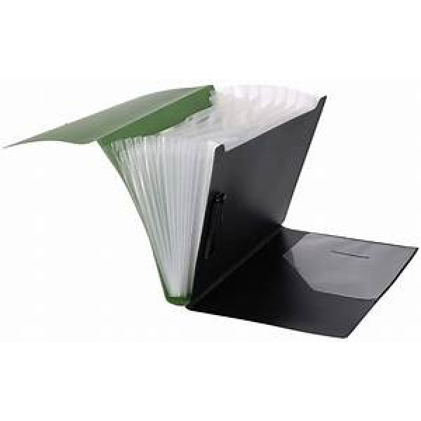 Mapă Strigo PP, A4, 13 compartimente, închidere cu elastic, clips metalic,verde închis