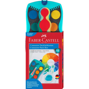 Acuarele pe baza de apa, 12 culori+tub alb+pensula, cutie turcoaz, Connector Faber Castell