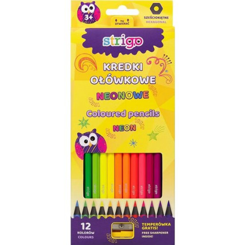 Creioane Strigo colorate hexagonale Neon 12 Culori cu ascuțitoare