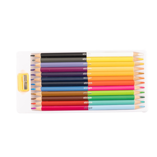 Creioane colorate duble, Strigo, 12 bucăți, 24 culori, triunghiulare, cu ascuțitoare 