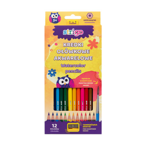 Creioane acuarela, Strigo, cu ascuțitoare, 12 culori