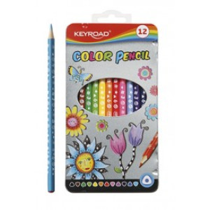 Creioane Lungi 12 Culori KEYROAD, Triunghiulare, cutie metal