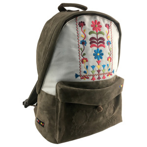 Rucsac Canvas ETHNO bej multicolor cu broderie din piele ecologică 