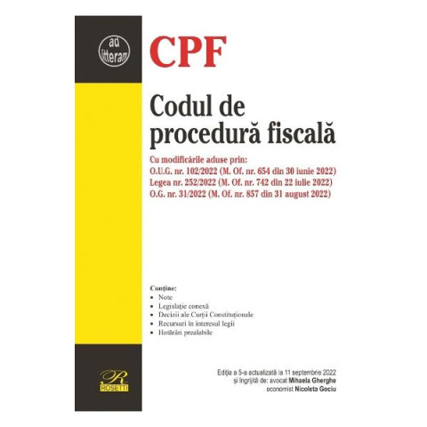Codul de procedură fiscală Ed.5 Act. 11 septembrie 2022