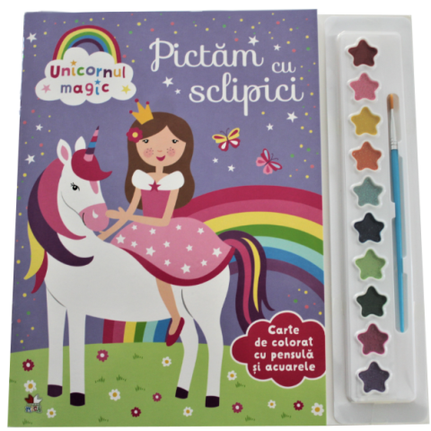 Unicornul magic. Pictăm cu sclipici. Carte de colorat cu pensulă și acuarele