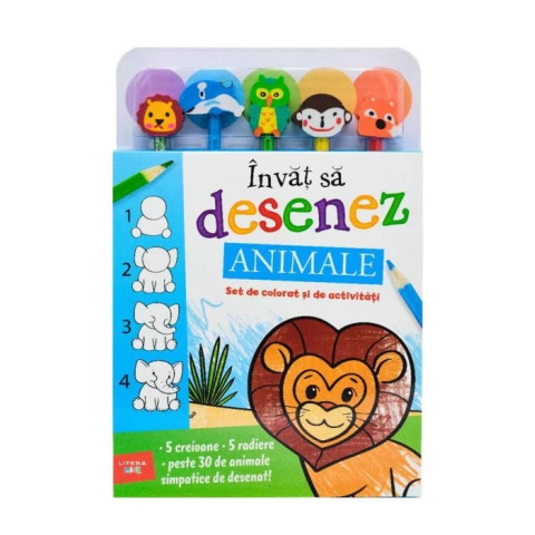 Învăț să desenez. Animale. Set de colorat și de activități (conține 5 creioane și 5 radiere)