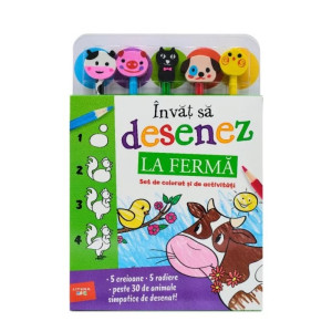 Învăț să desenez. La fermă. Set de colorat și de activități (conține 5 creioane și 5 radiere)