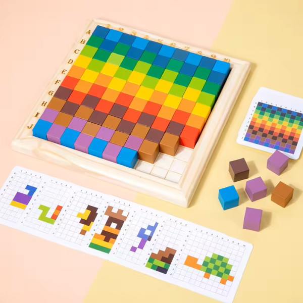 Joc Montessori - construcție cuburi lemn color