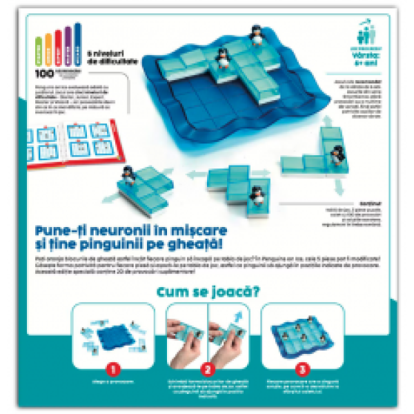 Smart Games - Penguins on Ice, joc de logică cu 100 de provocări, 6+ ani, ediție lb. Română