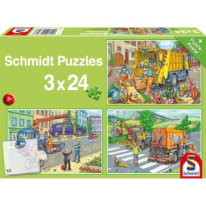 Puzzle Schmidt - Carbage truck, Tow truck, Sweeper, 3x24 piese