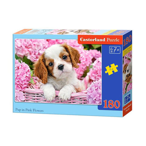 Pup in Pink Flowers, Puzzle 180 pieces Pup in Pink Flowers, Puzzle 180 pieces
