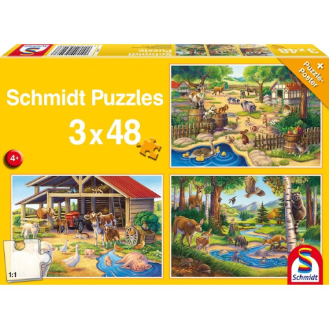 Puzzle Schmidt - Animalele mele favorite, 3x48 piese, cu poster