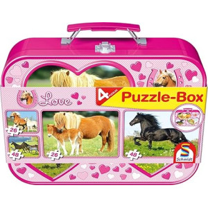 Puzzle Box in metal case - Horses, 2x26, 2x48 pieces