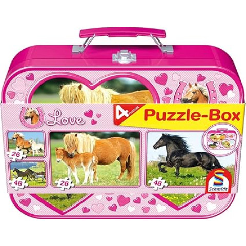 Puzzle Box in metal case - Horses, 2x26, 2x48 pieces